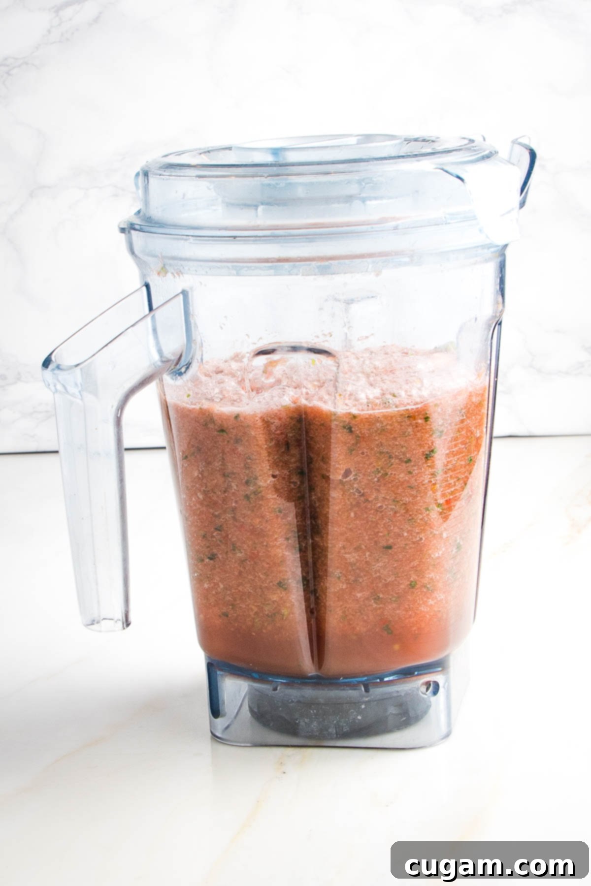 Vitamix pitcher filled with watermelon gazpacho....deep red in color with tiny flecks of green.