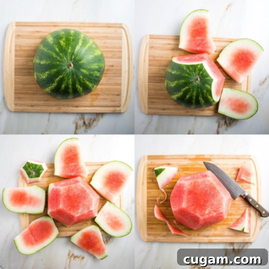 Cutting off the rind of a watermelon in 4 photo steps: Half watermelon cut side down, cutting off peel from the top around in slices, and then trimming the remaining skin. 