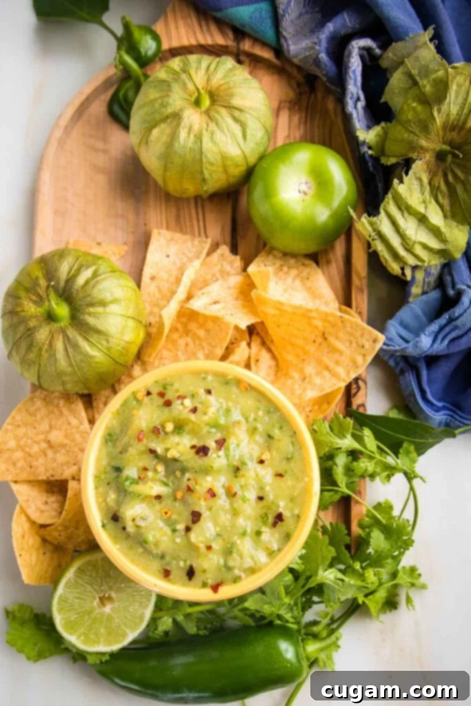 Zesty Roasted Tomatillo Salsa 2 Green tomatillo salsa verde in a small bowl, surrounded by tortilla chips, fresh cilantro and tomatillos.