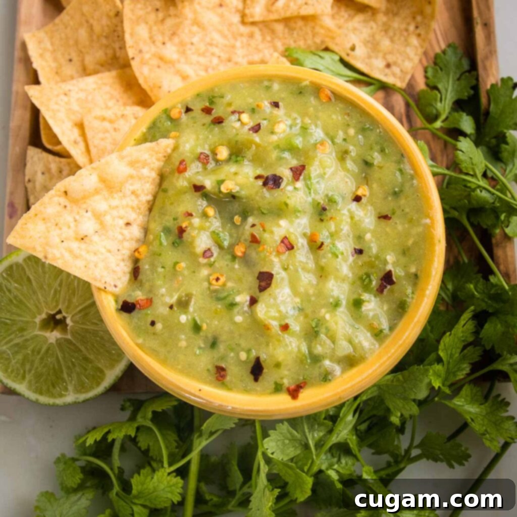 Zesty Roasted Tomatillo Salsa 12 Small bowl of tomatillo salsa sprinkled with crushed red pepper. Fresh cilantro, half a lime and tortilla chips surround the salsa bowl.