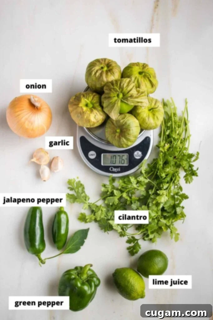 Zesty Roasted Tomatillo Salsa 3 Selection of fresh tomatillos, jalapeno, onion, garlic, and cilantro on a wooden cutting board.
