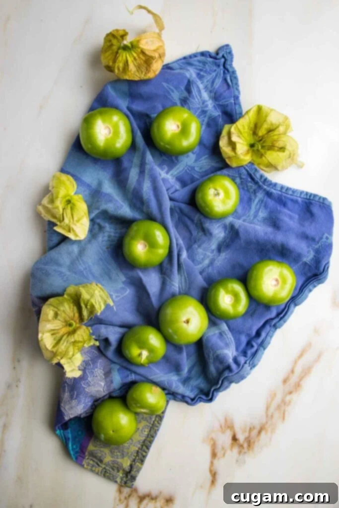 Zesty Roasted Tomatillo Salsa 4 Fresh tomatillos with their papery husks removed, resting on a blue patterned dish towel.