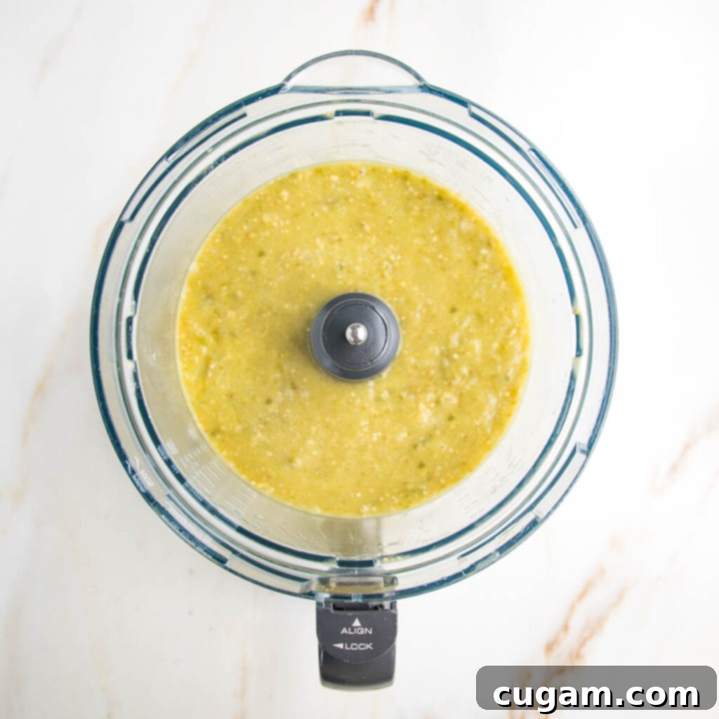 Zesty Roasted Tomatillo Salsa 9 Blended roasted vegetables in a food processor, ready for fresh additions.