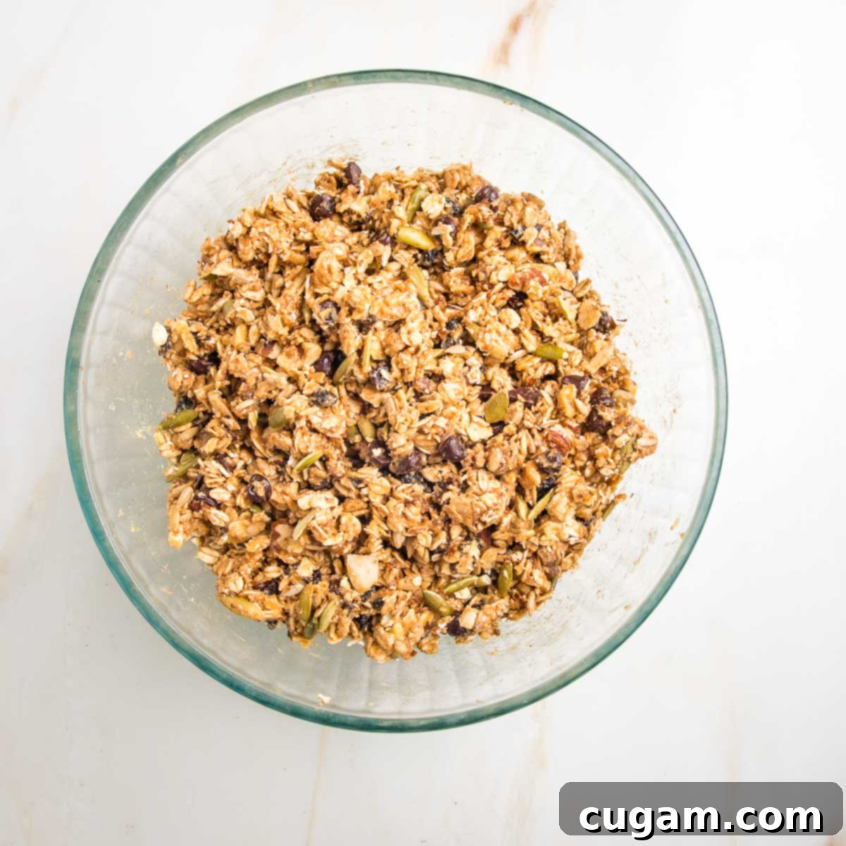 Thick and pasty granola bar batter with oats, nuts seeds, chocolate chips and raisins.