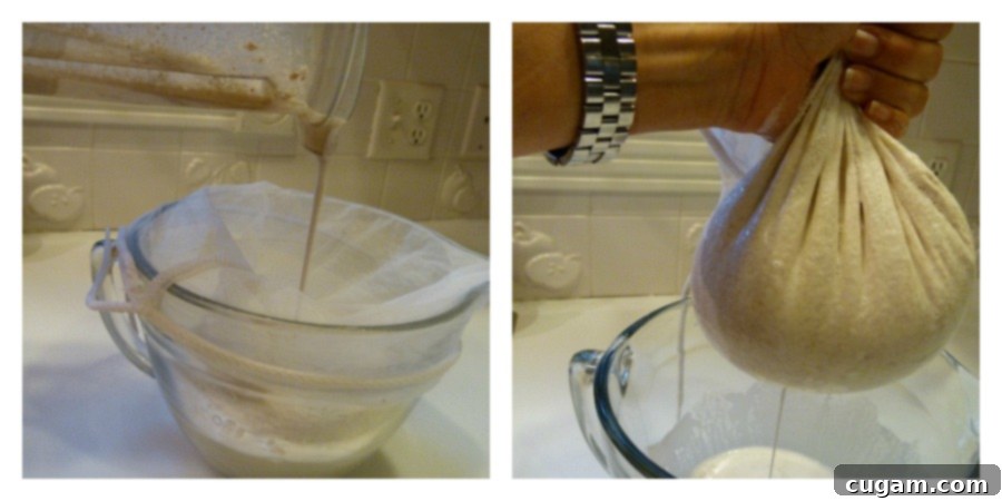Straining almond milk in a nut milk bag. 