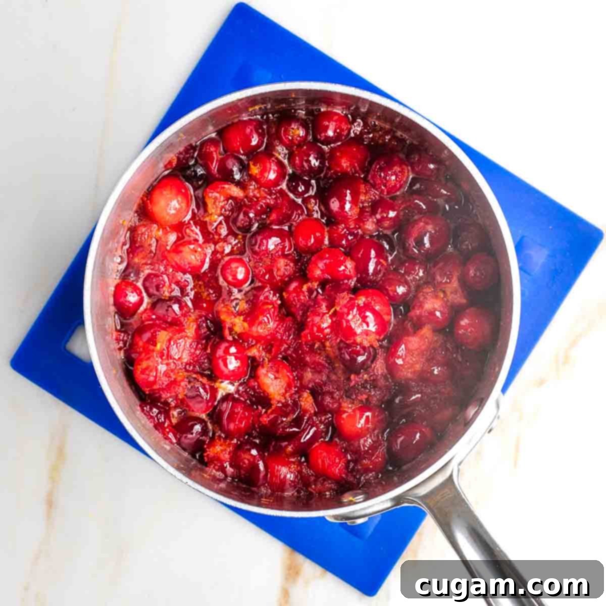 Small pot with cranberries and oranges cooking.