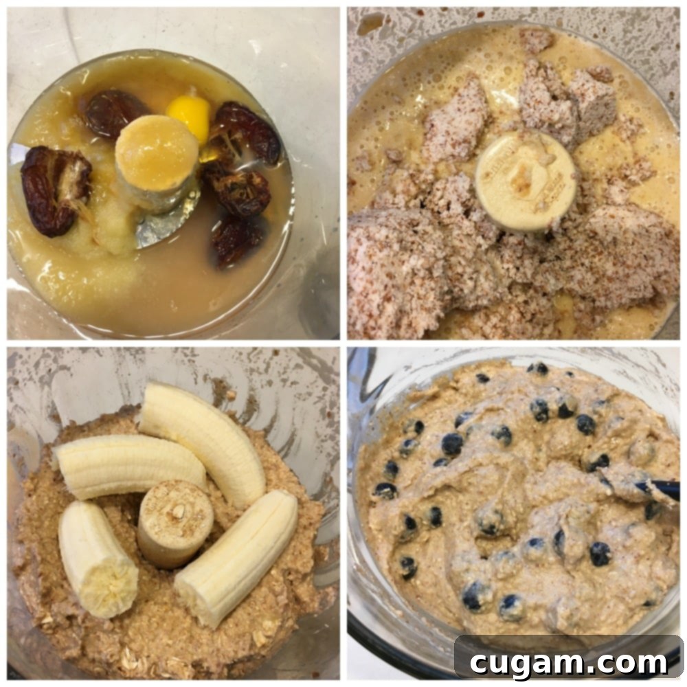 A step-by-step image showing the process of making banana bread batter in a food processor, highlighting the ease of preparation.