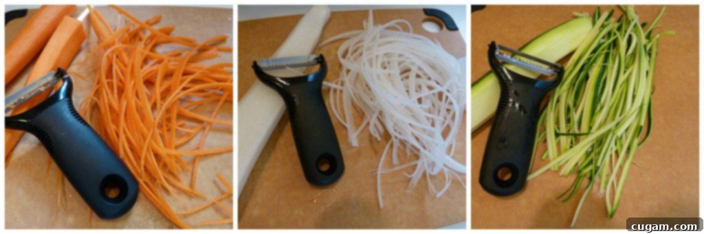 Preparing vegetable noodles for Vegan and Gluten-free Veggie Pad Thai using a julienne peeler.