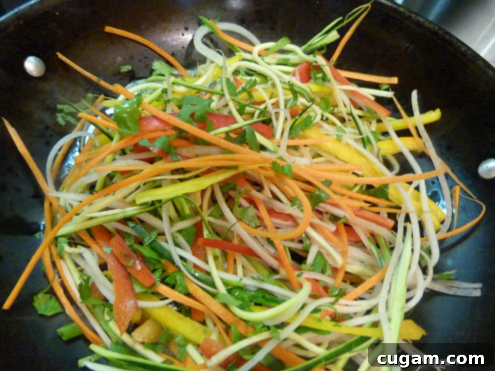 Gluten-free and Vegan Veggie Pad Thai, can be served raw or briefly stir-fried.