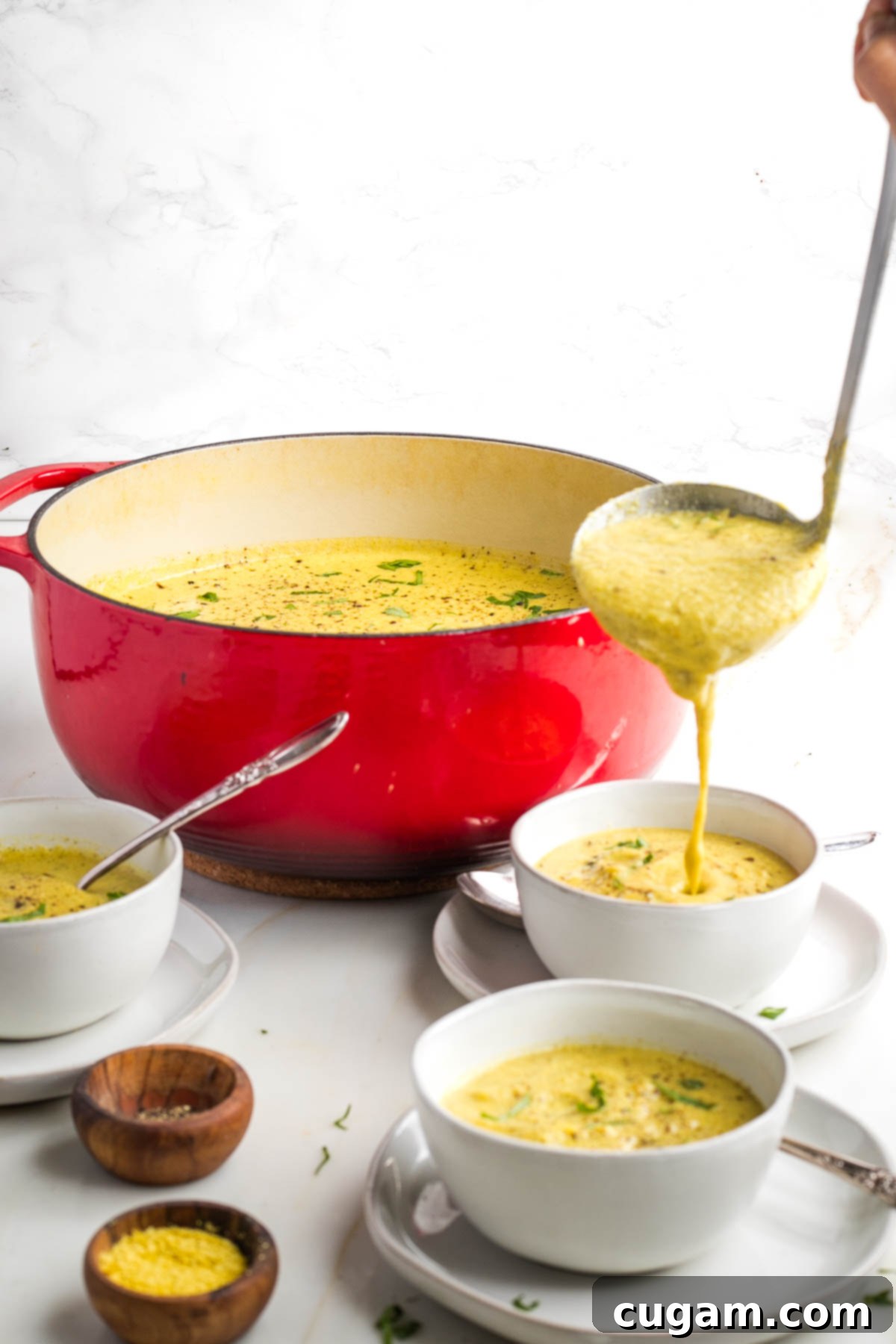 Ladling creamy yellow soup into bowls. 