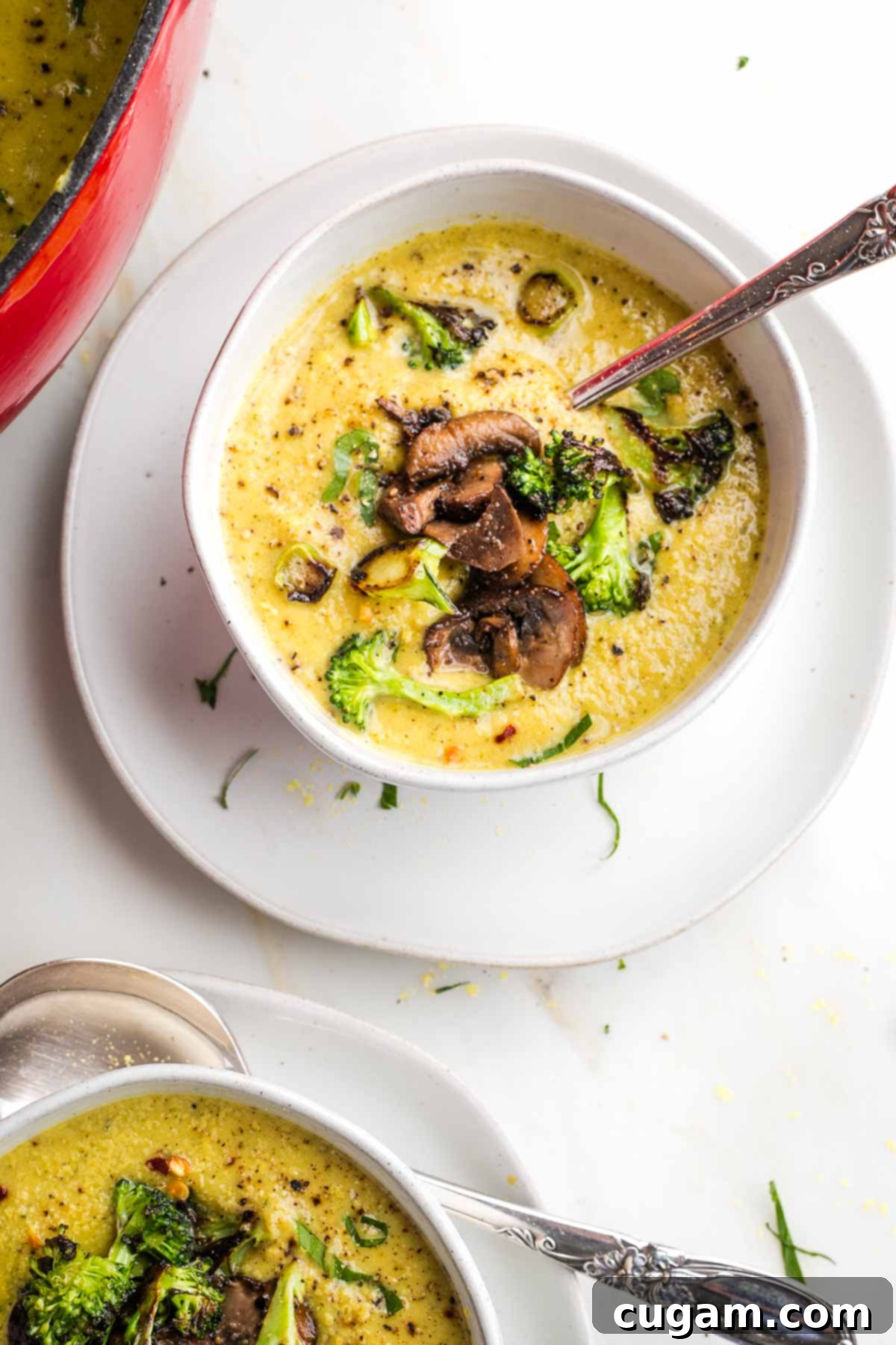 A close-up shot of the creamy vegan broccoli soup, inviting and delicious.