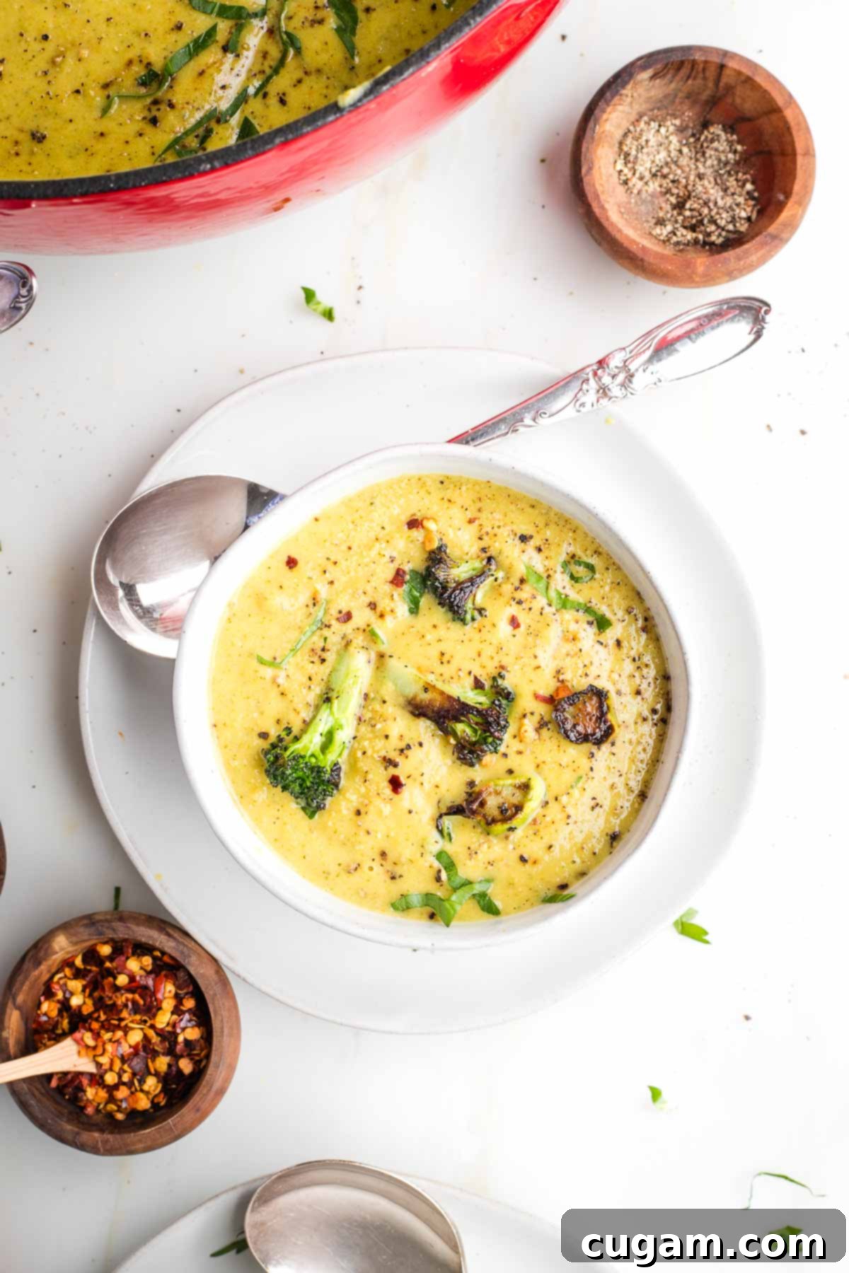 Creamy yellow soup with crispy broccoli florets floating on top. 