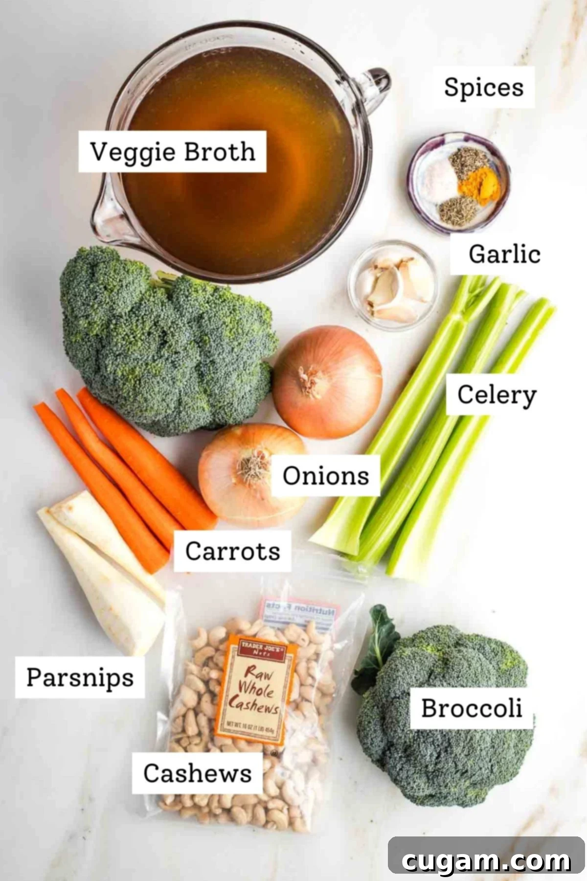 Labeled ingredients: veggie broth, spices, celery, carrots, parsnips, garlic, broccoli and cashews.