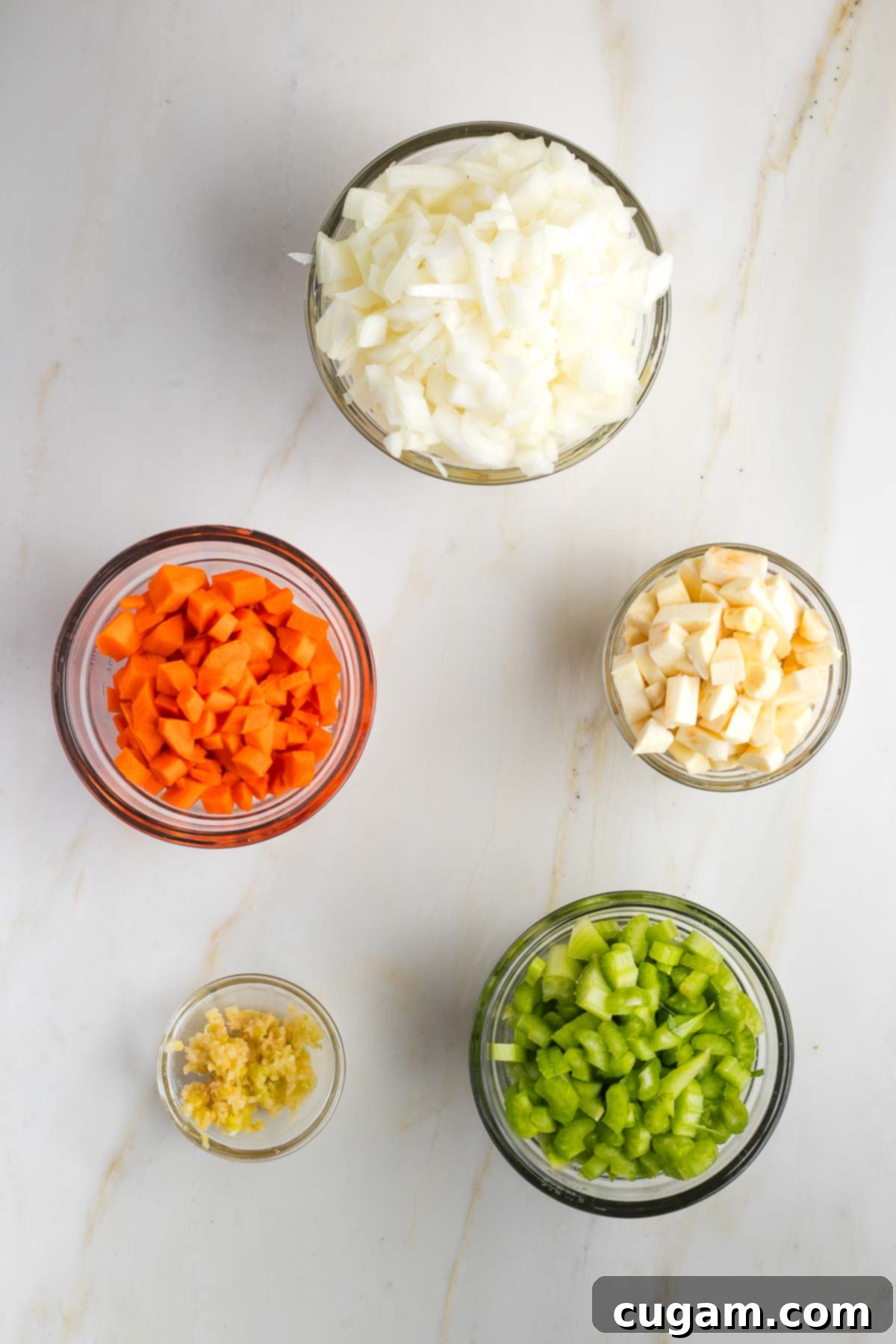 Prep bowls with diced onion, carrot, celery, parsnip and grated garlic.