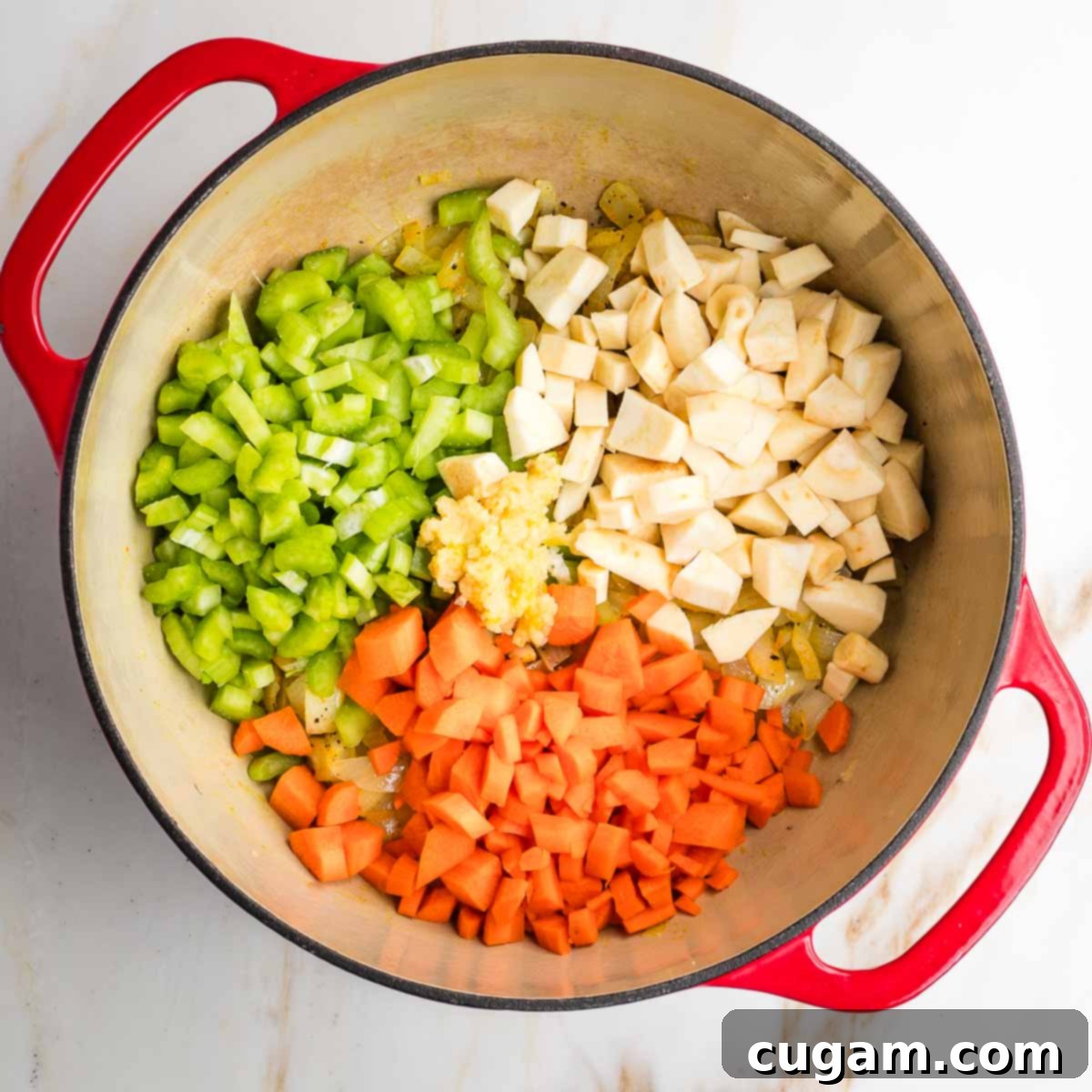Dutch oven with piles of chopped carrot, parsnip, celery and a heap of grated garlic.