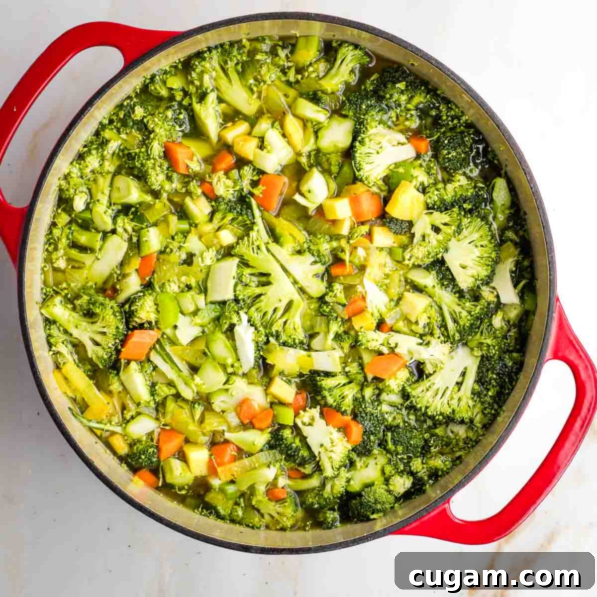 Broccoli florets and diced stems added to the vegetables in the Dutch oven, ready for broth.