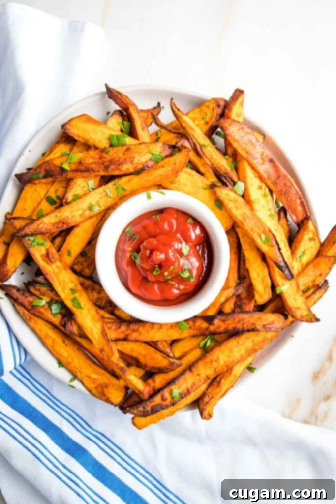 Plate of sweet potato fries sprinkled with fresh herbs, with a small dish of ketchup in the center. 