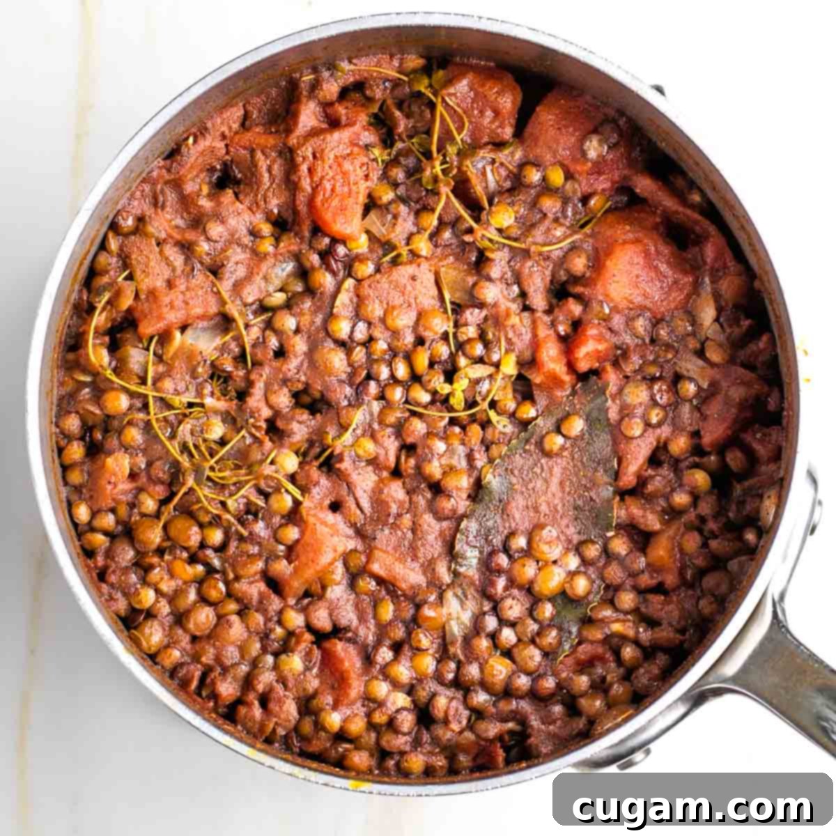 Lentil taco filling after simmering, with most of the liquid absorbed and the lentils tender but still holding their shape.