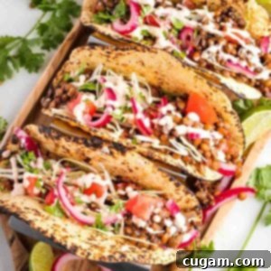 Bright colorful tacos filled with lentils, pickled onions, cabbage, tomatoes and drizzled with hot sauce.