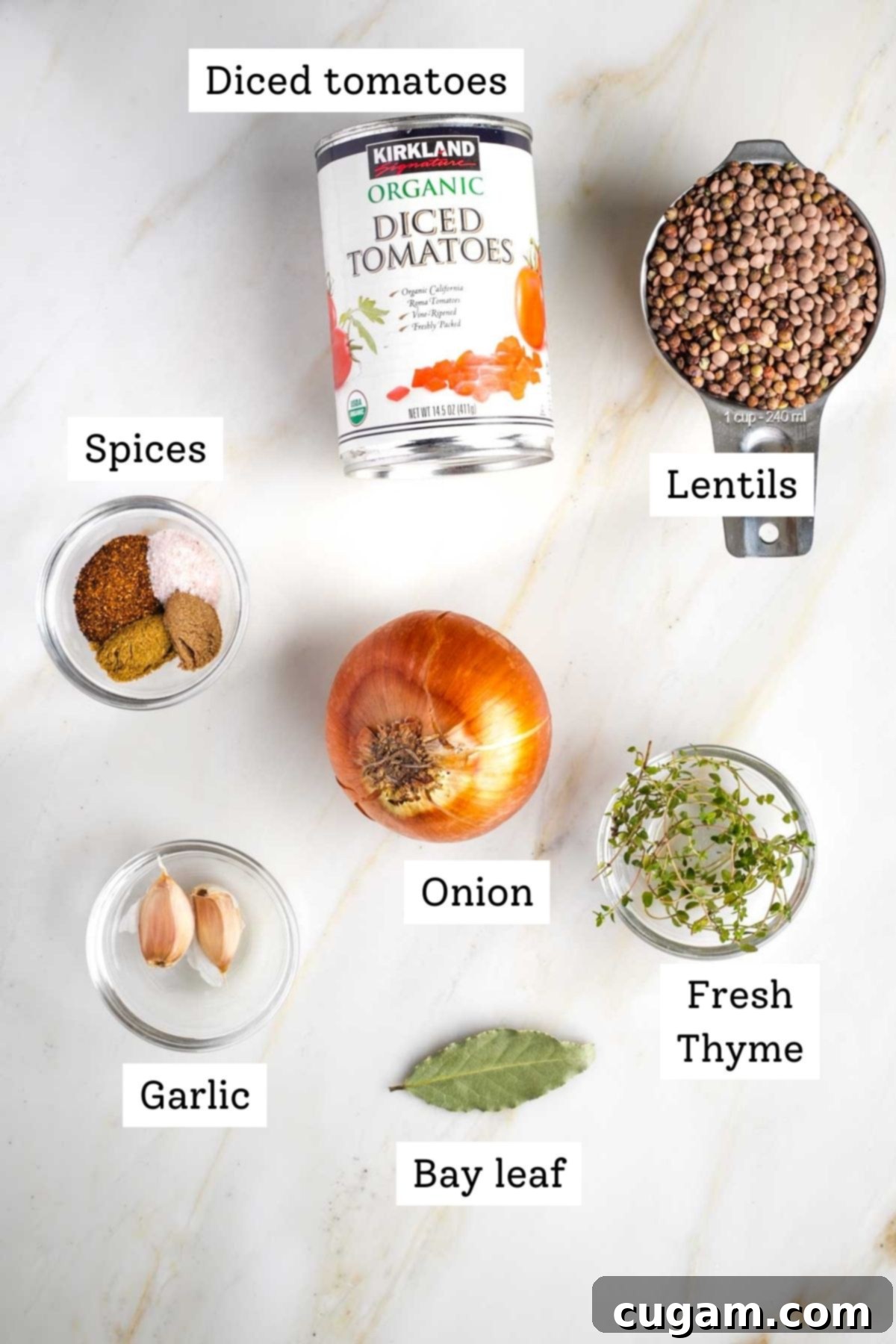 A vibrant flat lay image of fresh ingredients for lentil tacos, including a can of diced tomatoes, various spices in small bowls, fresh herbs like thyme, garlic cloves, and a whole onion.