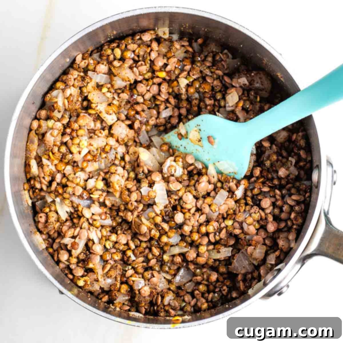 Lentil and spice mixture being stirred well in a saucepan, ensuring the lentils are evenly coated.