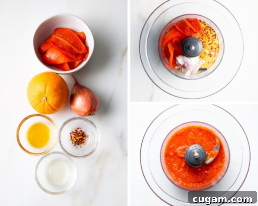 Roasted red peppers, orange, shallot, maple syrup, vinegar and crushed red pepper blended together for a bright red sauce.