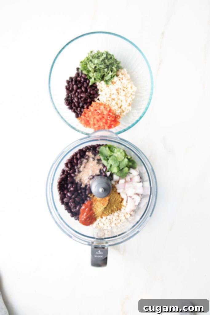 1 bowl with chopped red peppers, black beans, cilantro and rice and a food processor bowl with beans, seasonings, shallots, oatmeal, spices.