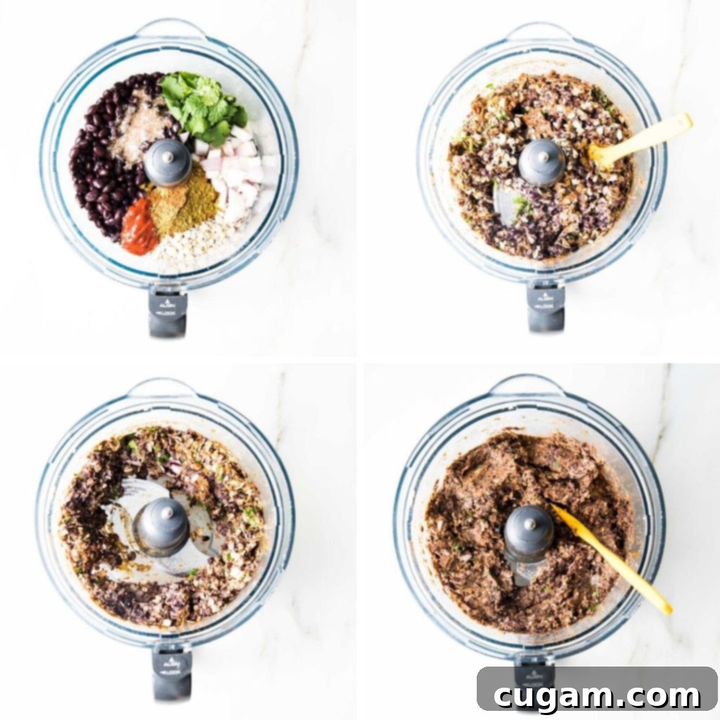 Bowl of a food processor as ingredients are processed step by step into paste.