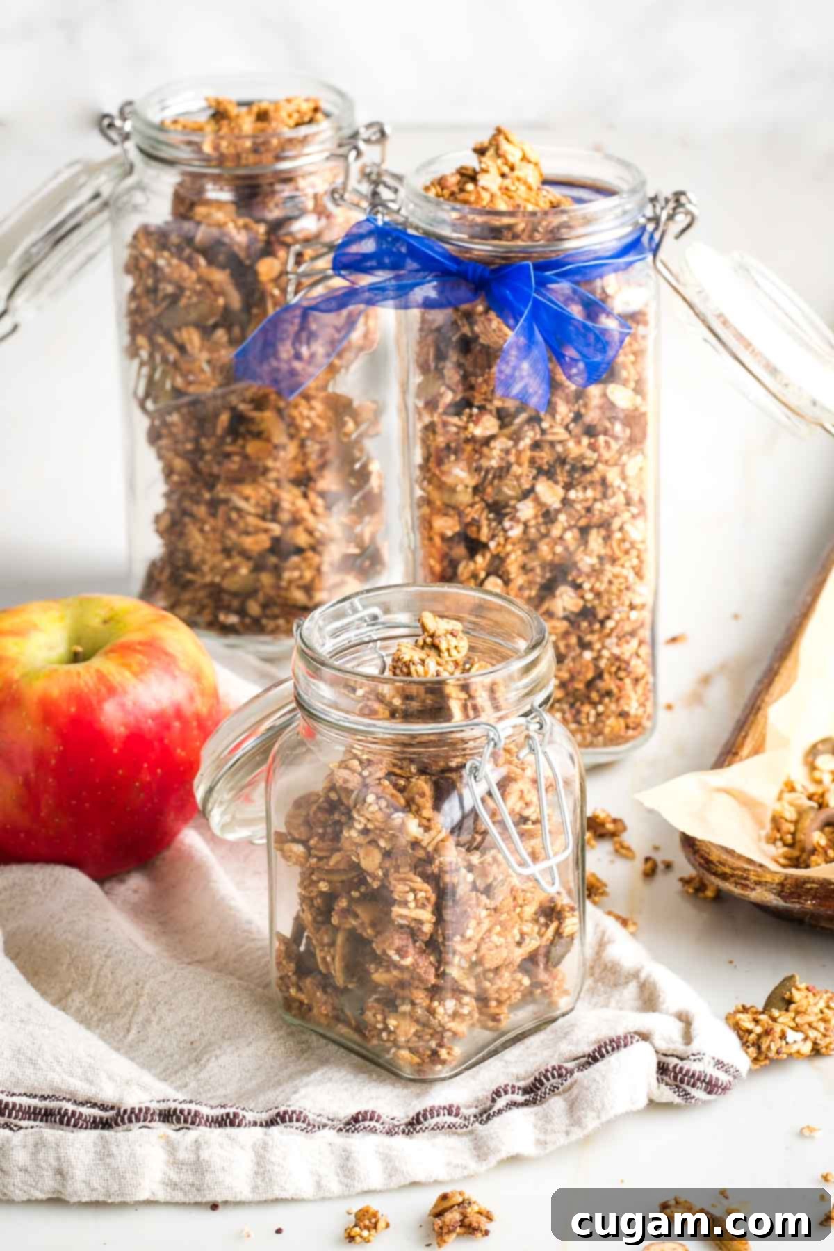 Jars filled with homemade granola and a blue ribbon tied on one, ready to be gifted.