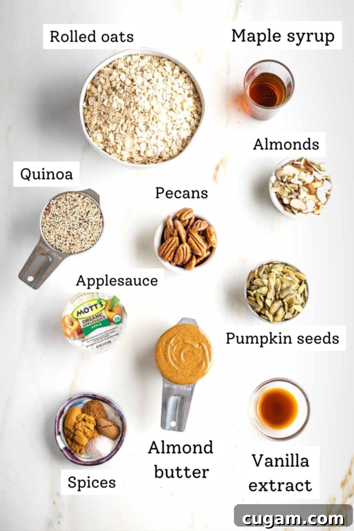 Labeled ingredients for granola: rolled oats, maple syrup, nuts, seeds, applesauce, vanilla extract, almond butter, spices.