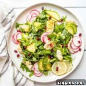 Large rimmed white plate with a vibrant lemony arugula salad, artfully garnished with thinly sliced radish, quartered artichoke hearts, delicate avocado slices, and ruby red pomegranate seeds, finished with fresh lemon slices.
