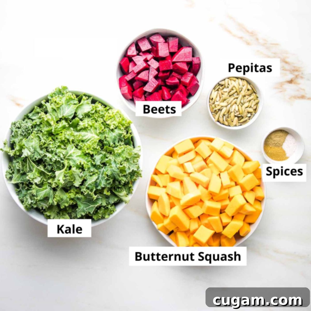 Labeled ingredients: kale, butternut squash, beets, pepitas, spices.