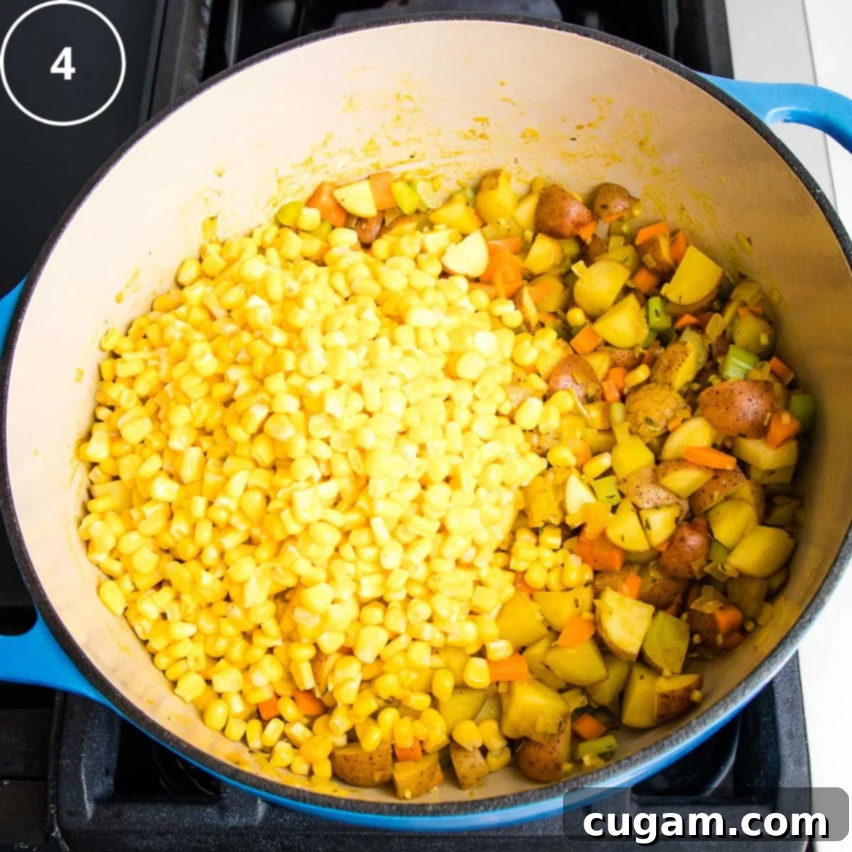 Step 4: Add corn to sauteed vegetables. 