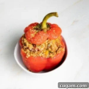 Red bell pepper that is stuffed with quinoa and lentils plus Italian spices, with its top back on after cooking, sitting inside a white bowl.