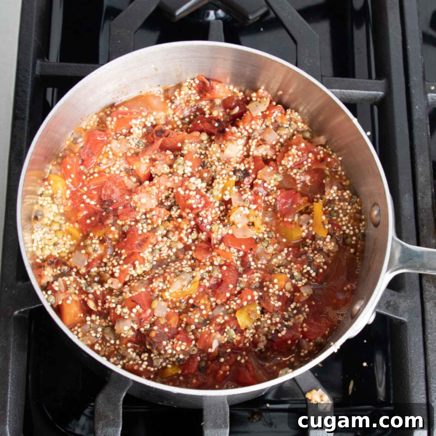 Quinoa, lentils, and diced tomatoes being mixed into the sautéed onions and spices in a large skillet.