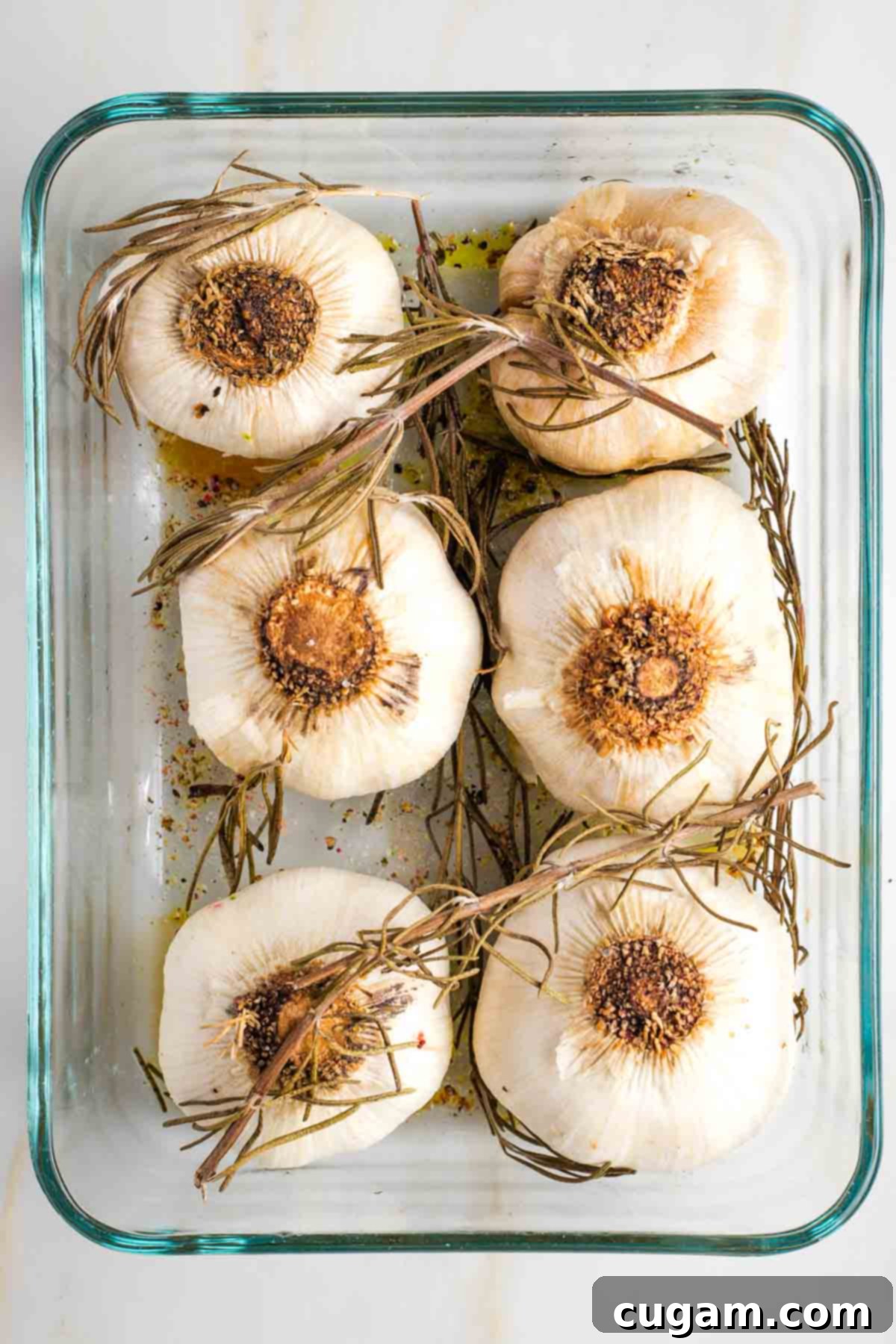 Garlic bulbs, roasted in a baking dish with fresh rosemary.