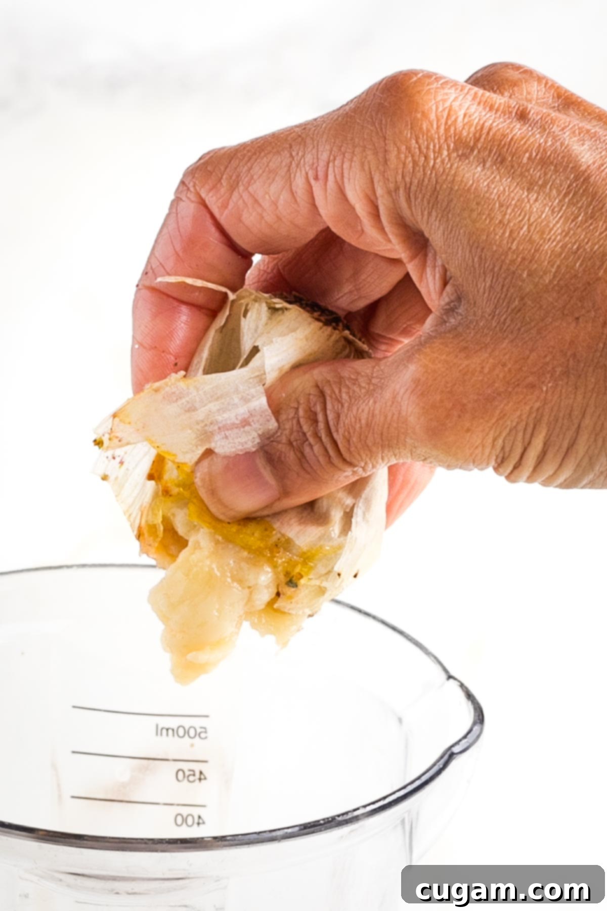 Squishing the pulp out of a whole roasted head of garlic. 