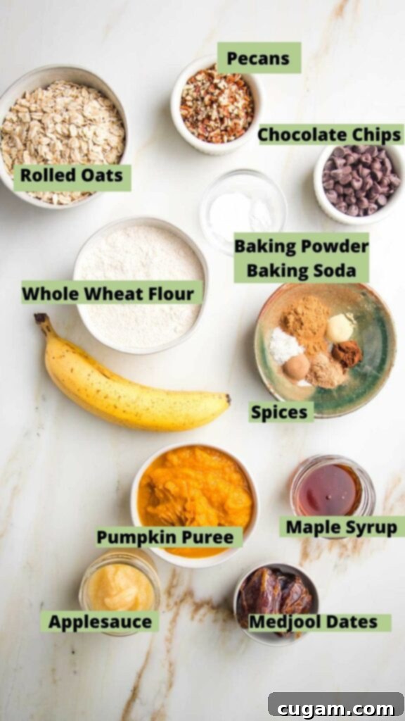 Labeled ingredients for pumpkin bread: rolled oats, whole wheat flour, pecans, chocolate chips, spices, pumpkin puree, maple syrup, applesauce, dates
