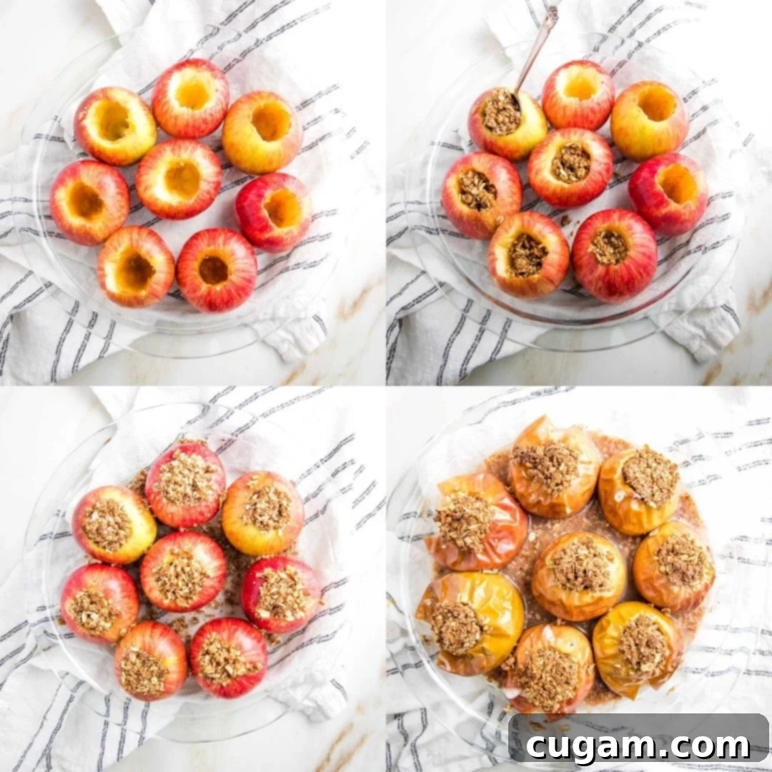 Cored apples in a baking dish, ready for filling.