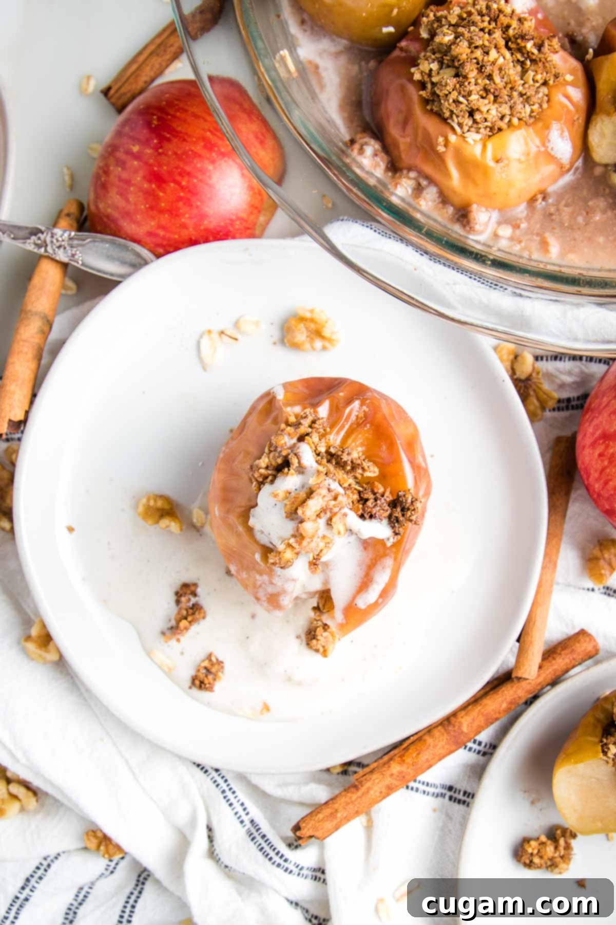 Whole baked apple, stuffed with oatmeal mixture and topped with ice cream.