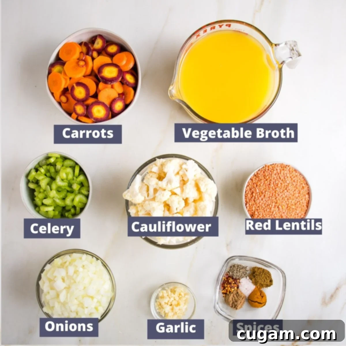 Labeled ingredients: Carrots, vegetable broth, celery, cauliflower, red lentils, onion, garlic, spices.