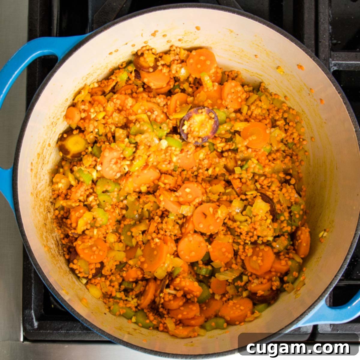 Dutch oven with vegetables that have been sweated, plus red lentils