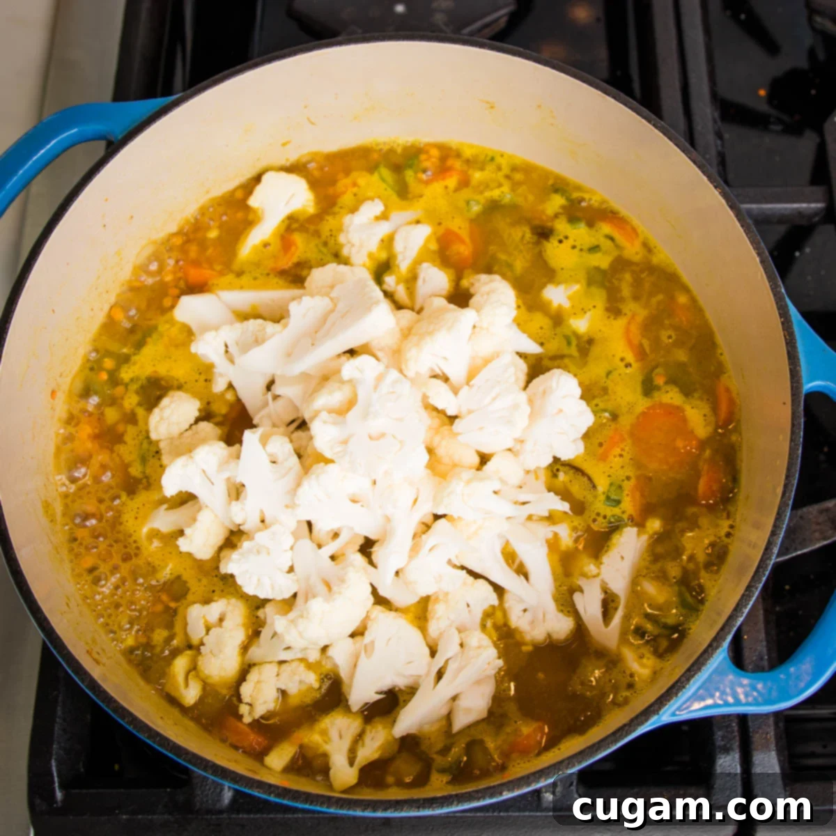 Dutch oven with veggies and broth cooking, Cauliflower florets were just added to the top.