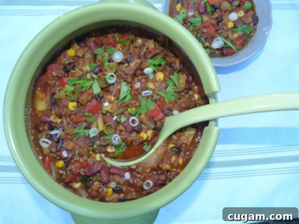 Quick and Easy Vegan Lentil Chili 13 A large crock of Vegan Lentil Chili