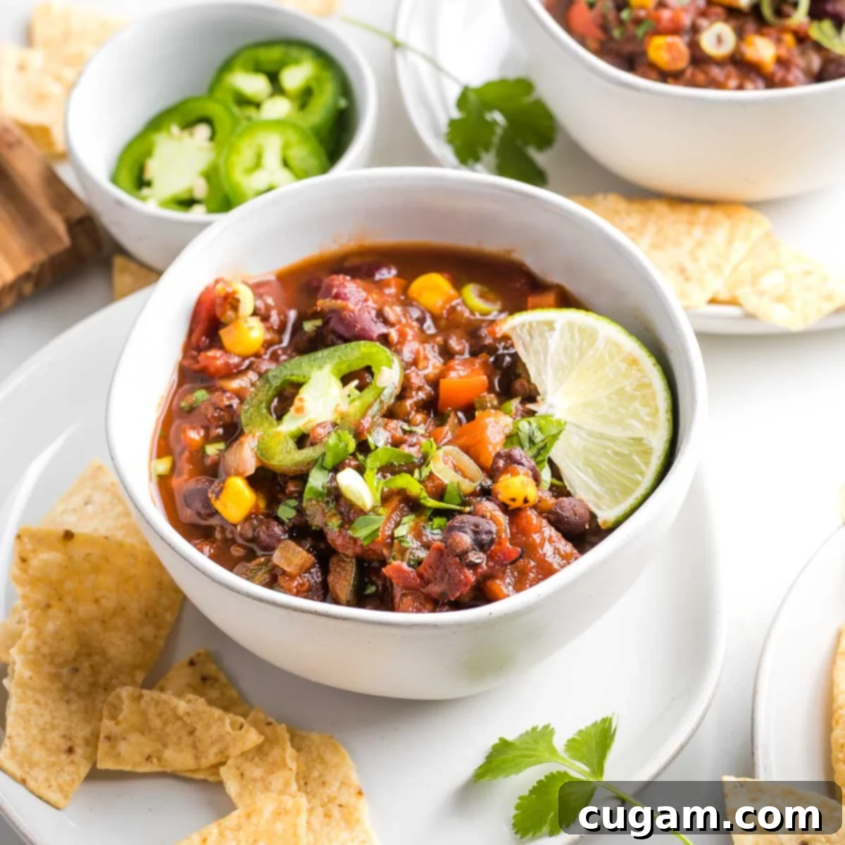 Quick and Easy Vegan Lentil Chili 3 Bowl of lentil chili, garnished with jalapeno, lime, cilantro and corn chips.