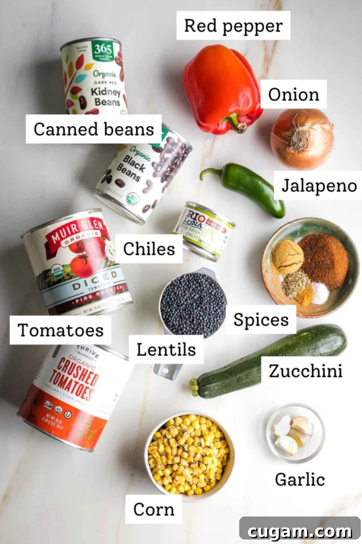 Quick and Easy Vegan Lentil Chili 4 Labeled ingredients for vegan chili: canned beans, tomatoes, spices, onion, red pepper, lentils, corn, garlic, green chiles.