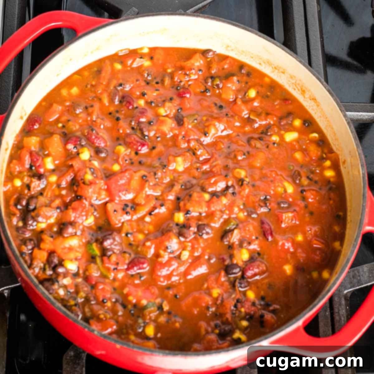 Quick and Easy Vegan Lentil Chili 9 Vegan lentil chili cooking in a dutch oven on the stove.