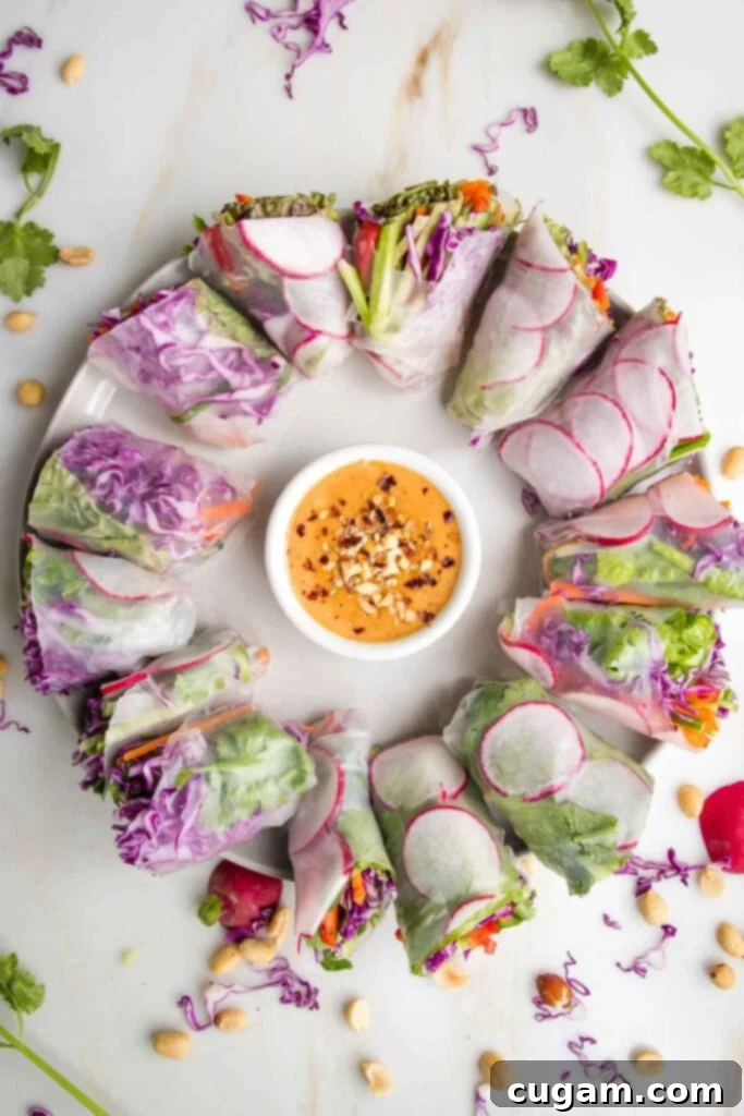Crisp Veggie Spring Rolls with Creamy Peanut Sauce 2 Circular arrangement of colorful fresh rolls with a dish of peanut sauce in the center.