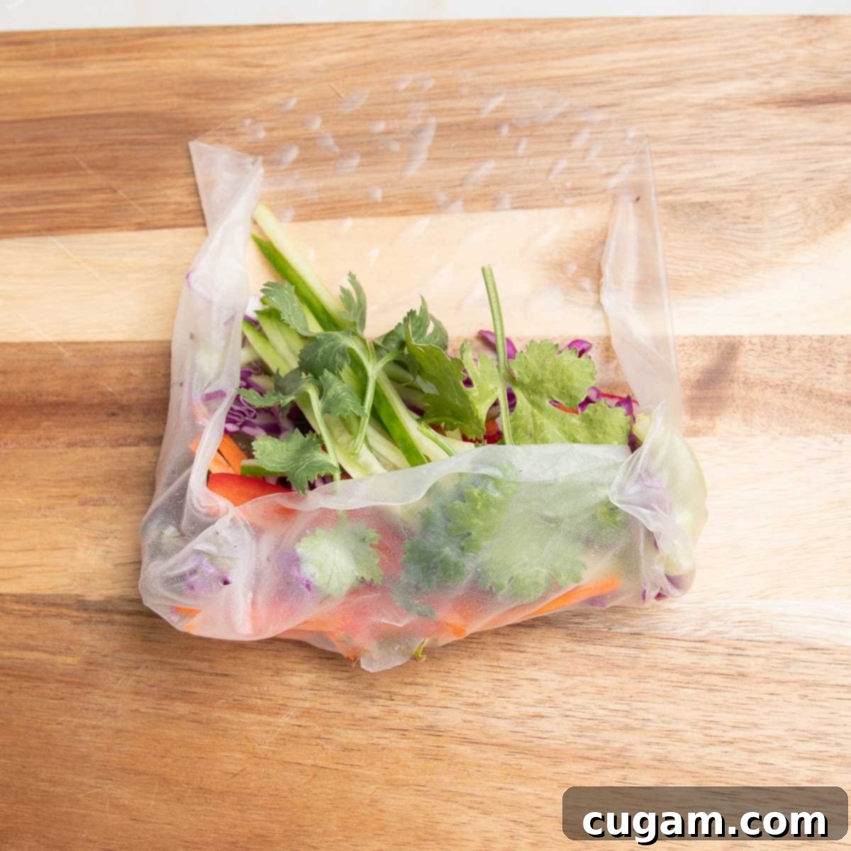 Crisp Veggie Spring Rolls with Creamy Peanut Sauce 13 Rolling a fresh spring roll. the bottom and sides are folded in on a pile of colorful veggies.