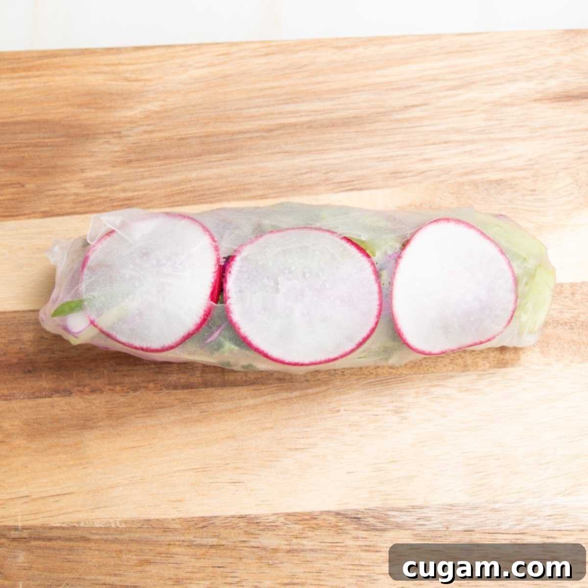Crisp Veggie Spring Rolls with Creamy Peanut Sauce 15 Veggie spring roll with three thin slices of radish against the edge.